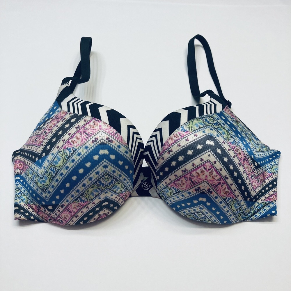 Victoria's Secret Push-Up Bra Womens 32D Blue Geometric Floral Chevron Padded